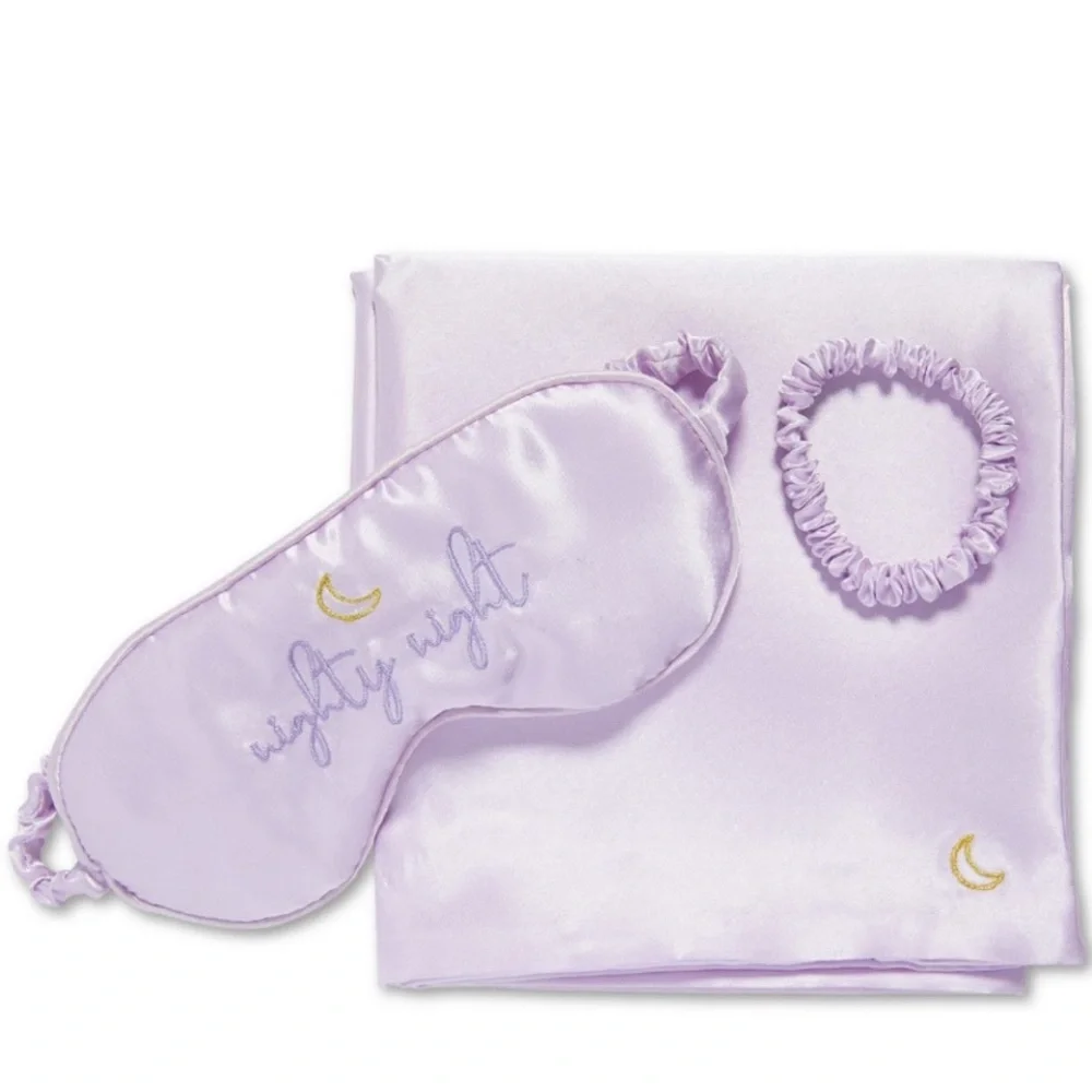 2 Lavender Satin Sleep Sets Pillowcase Eye Mask Scrunchie NWT